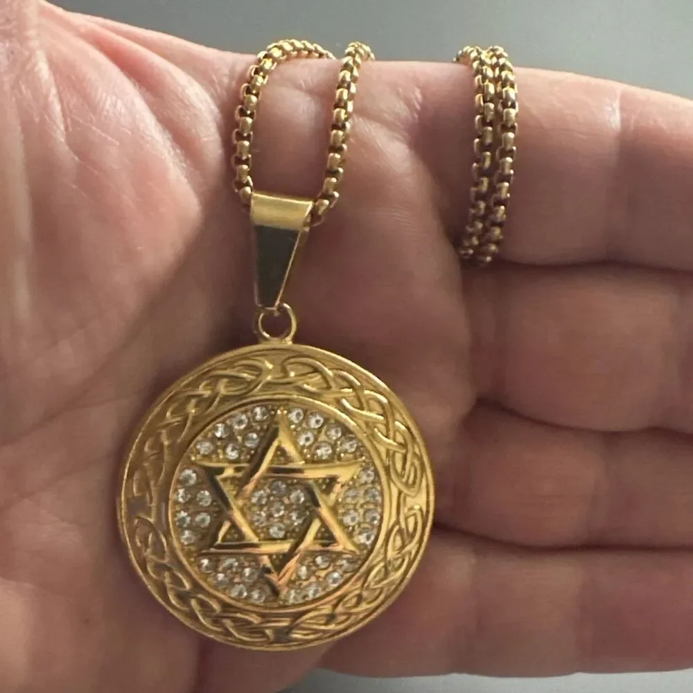 Stainless Steel Jewish Star of David 24” Chain Gold Cubic Zirconia Israel Faith